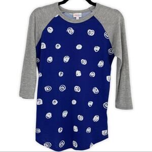 Lularoe Randy Womens Raglan Baseball Tee Polka Dots Blue White XXS NWOT